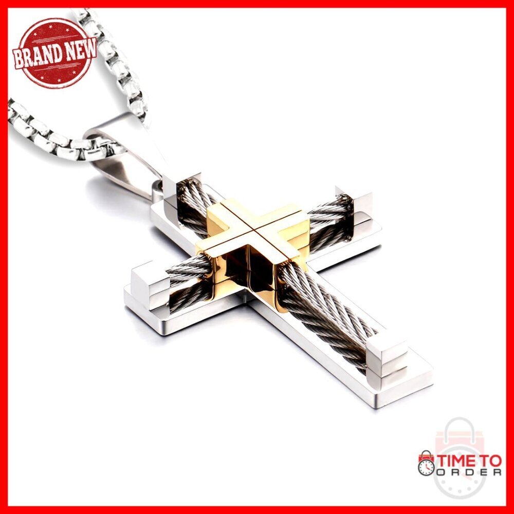 Men's Stainless Steel Jesus Cross Pendant Necklace with 24" Rolo Chain
